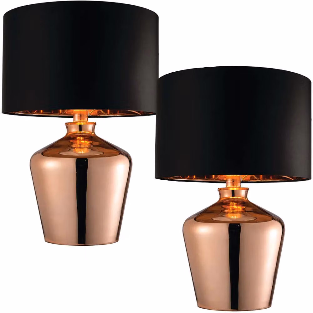 Loops 2 Pack Modern LED Table Lamps with Gloss Copper Glass and Black Fabric Shades – 4