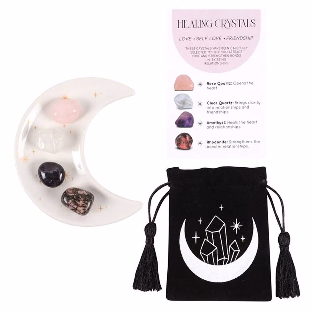 Uniqueful Love Healing Crystal Set with White Moon Trinket Dish, Multicolour – 3