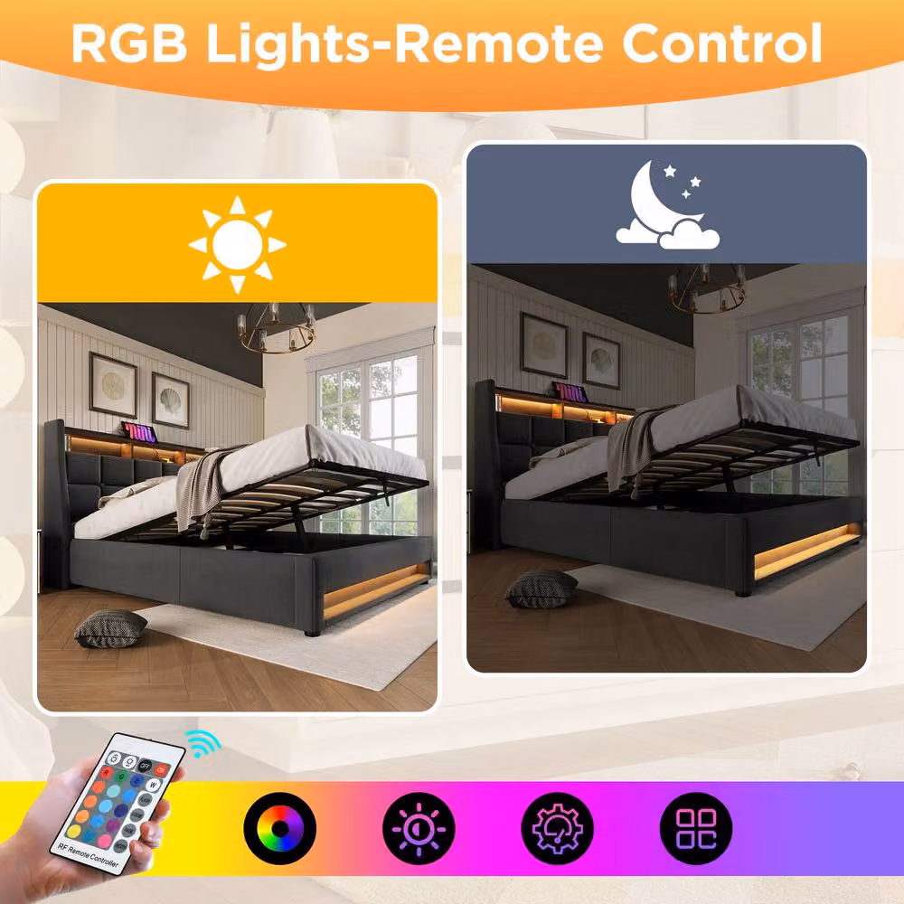 Rolipo King Size Storage Bed in Grey Linen with LED Lighting and USB Charging Port, W/D/H: 180 x 200 cm – 5