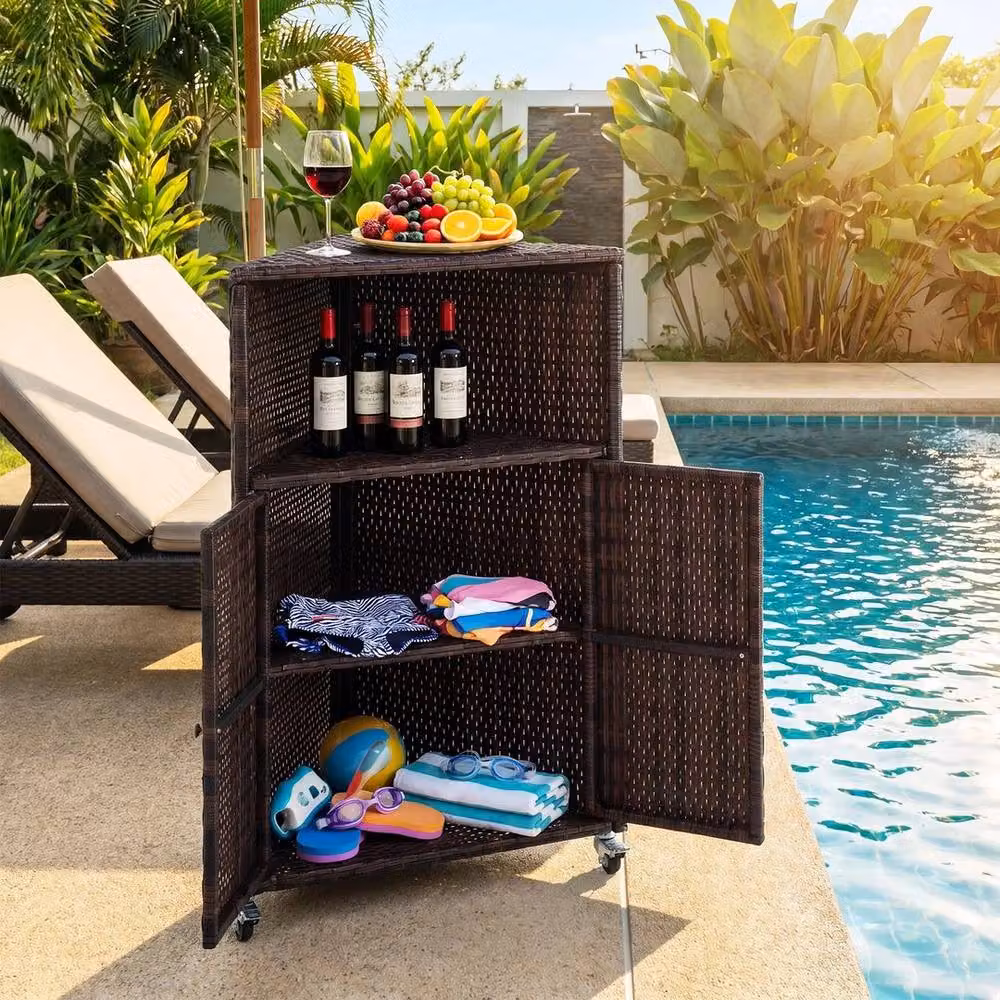 Kelvenix Brown PE Rattan Corner Bar Cart with Hinged Doors and Castors – 5