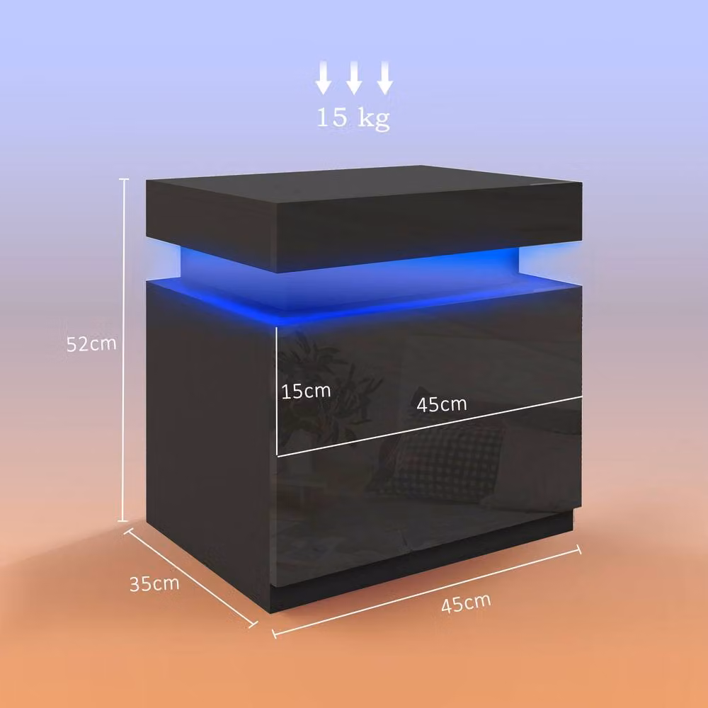 HOMCOM Set of 2 Modern High Gloss Bedside Tables with Integrated LED Lighting in Black – 3