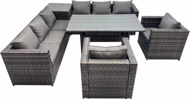 Fimous 8-Seater Outdoor Rattan Corner Sofa and Dining Table Set in Dark Grey