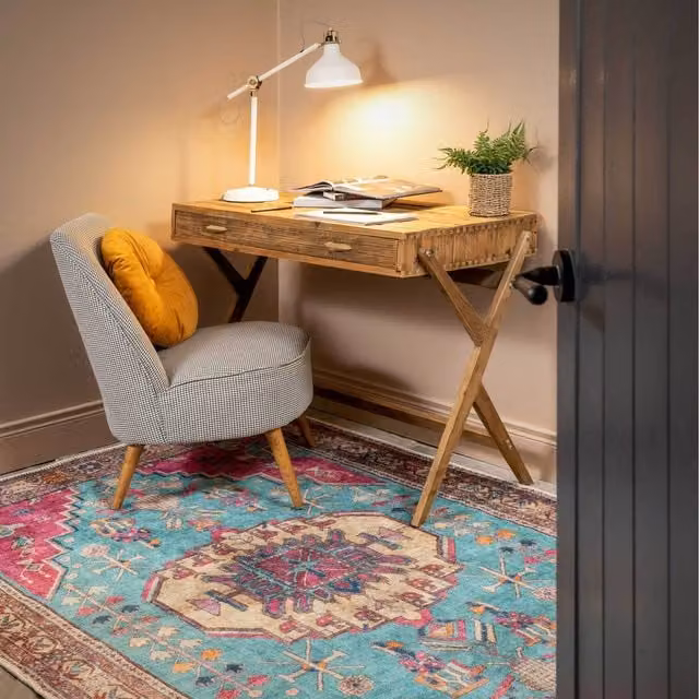 The Rug House Distressed Bordered Persian Style Non Slip Washable Area Rug in Turquoise, Pink and Petrol, W: 150 cm, D: 80 cm
