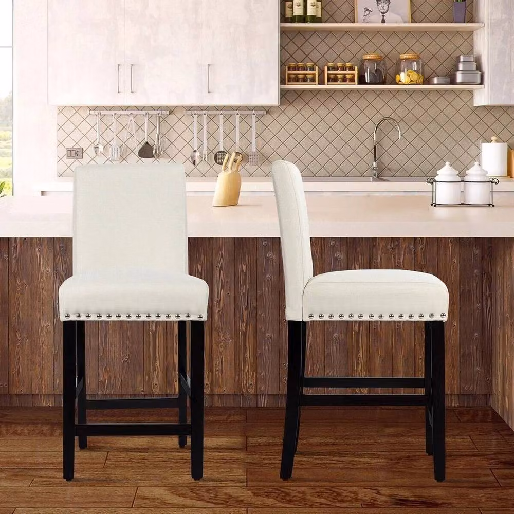 FLAVORA 2 Pack Padded Low Back Counter Height Bar Stools in White Fabric with Rubberwood Frame – 5