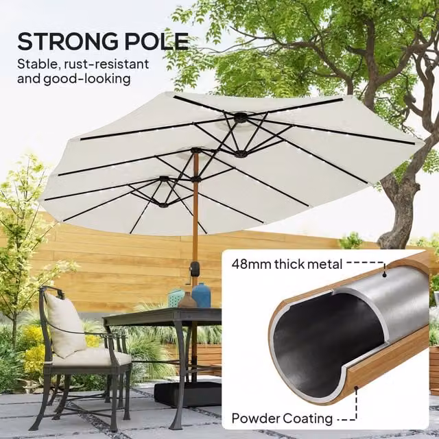 Outsunny Double Sided Cantilever Garden Parasol with 48 Solar LED Lights, 4.6m, Cream