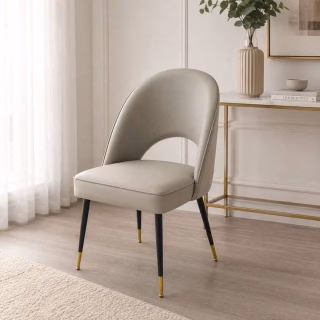 Stratus Interiors Astra Dining Chair in Grey Fabric and Synthetic Leather with Gold-Tipped Wooden Legs
