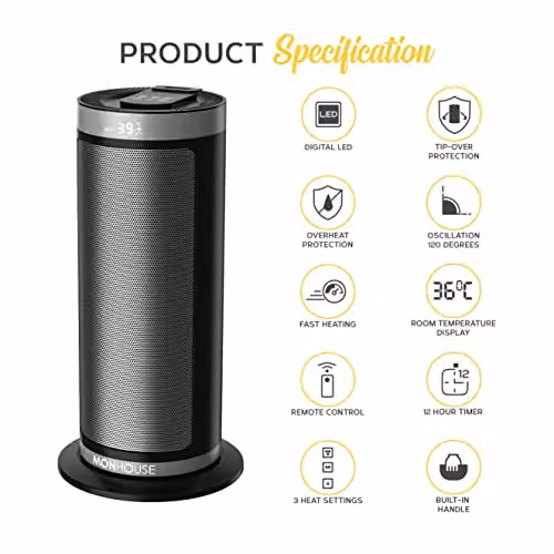 MONHOUSE 2000W Energy Efficient PTC Ceramic Portable Fan Heater with Remote Control and 12H Timer, Grey – 3