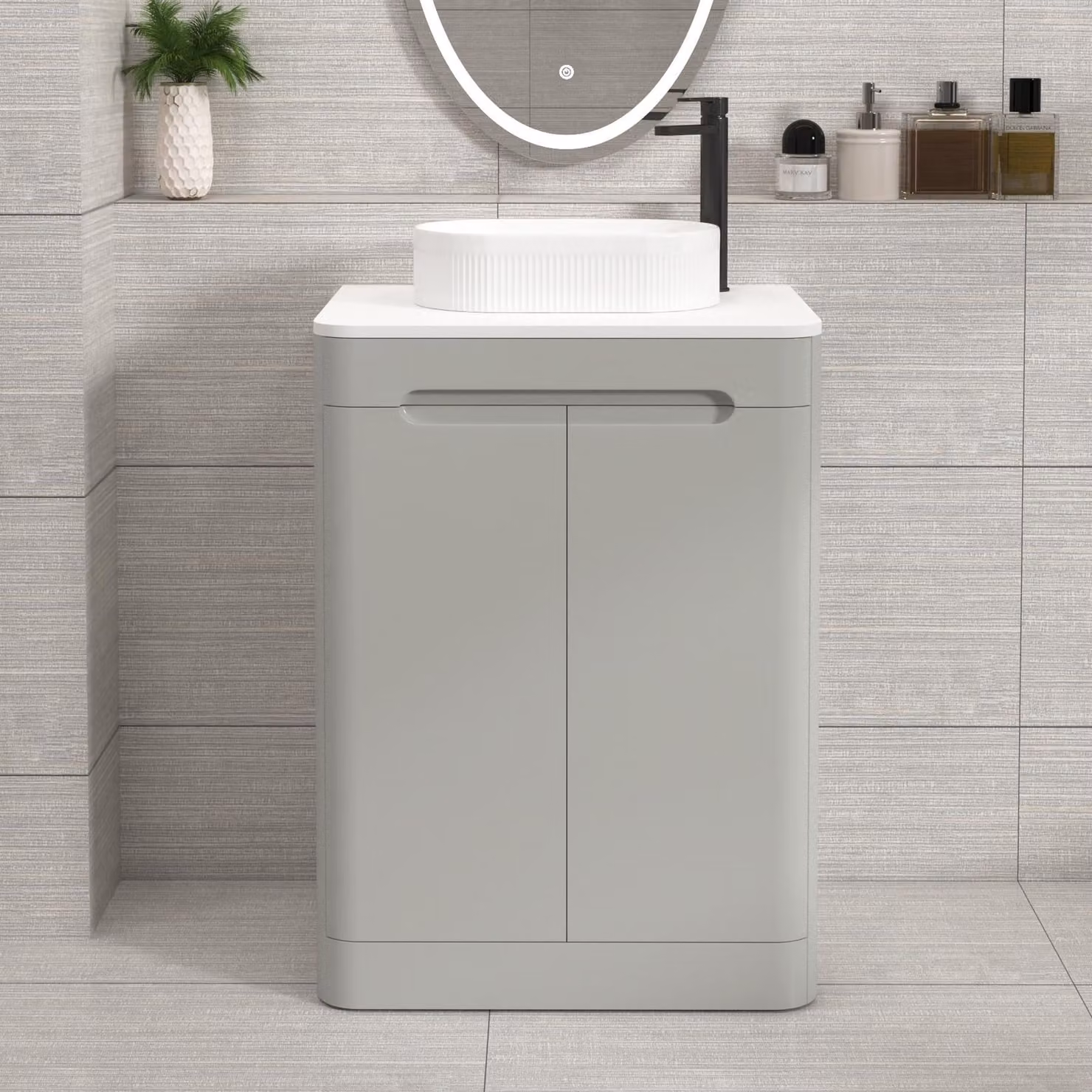 Royal Bathrooms Venice 600mm Floor Standing 2 Door Vanity Unit in Dove Grey with Plain White Worktop and Lyon Basin