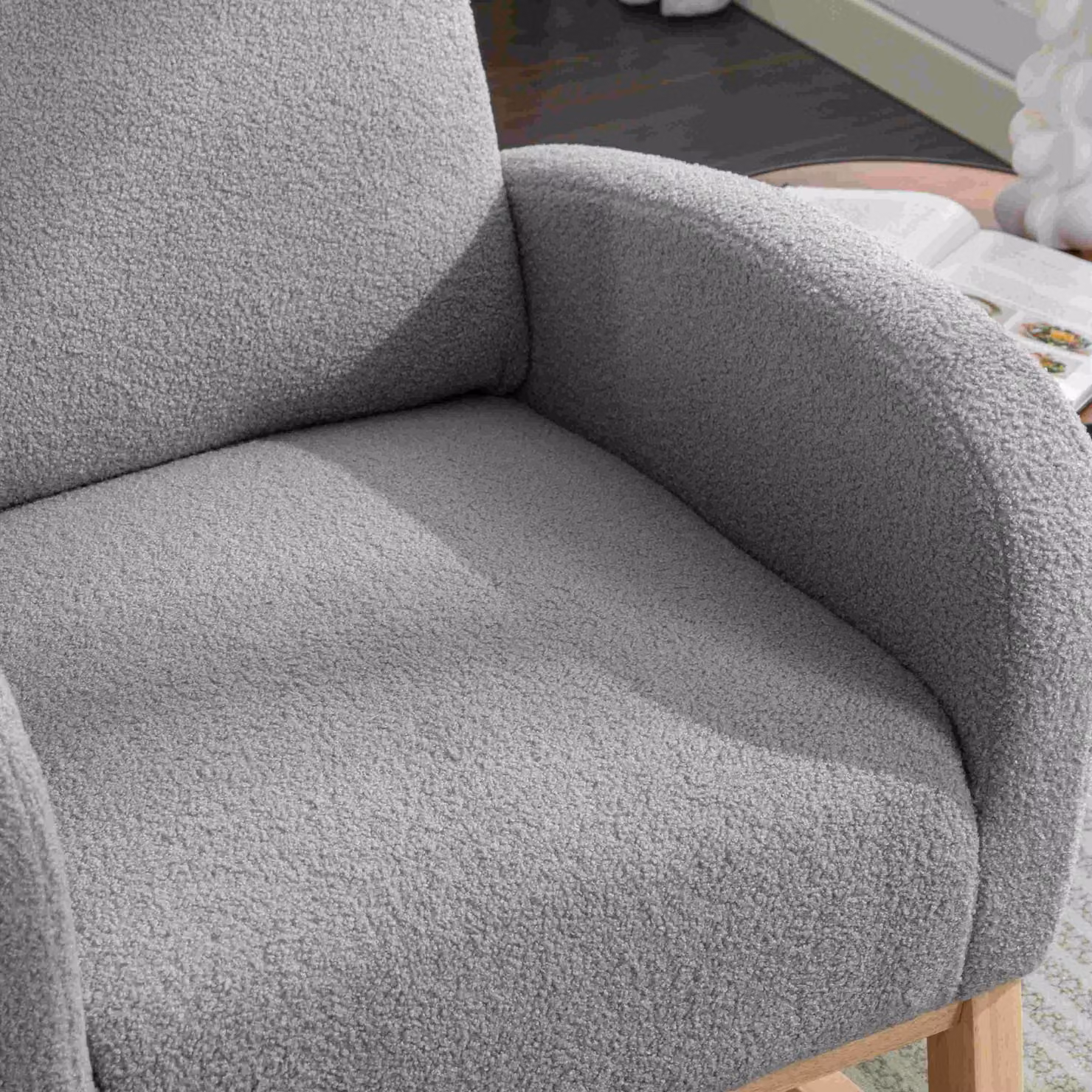 Aosom.UK Modern Mid-Century Rocker with Solid Wood Legs and Light Grey Bouclé Padded Seat, H x W x D: 104.5 x 71 x 71 cm – 3