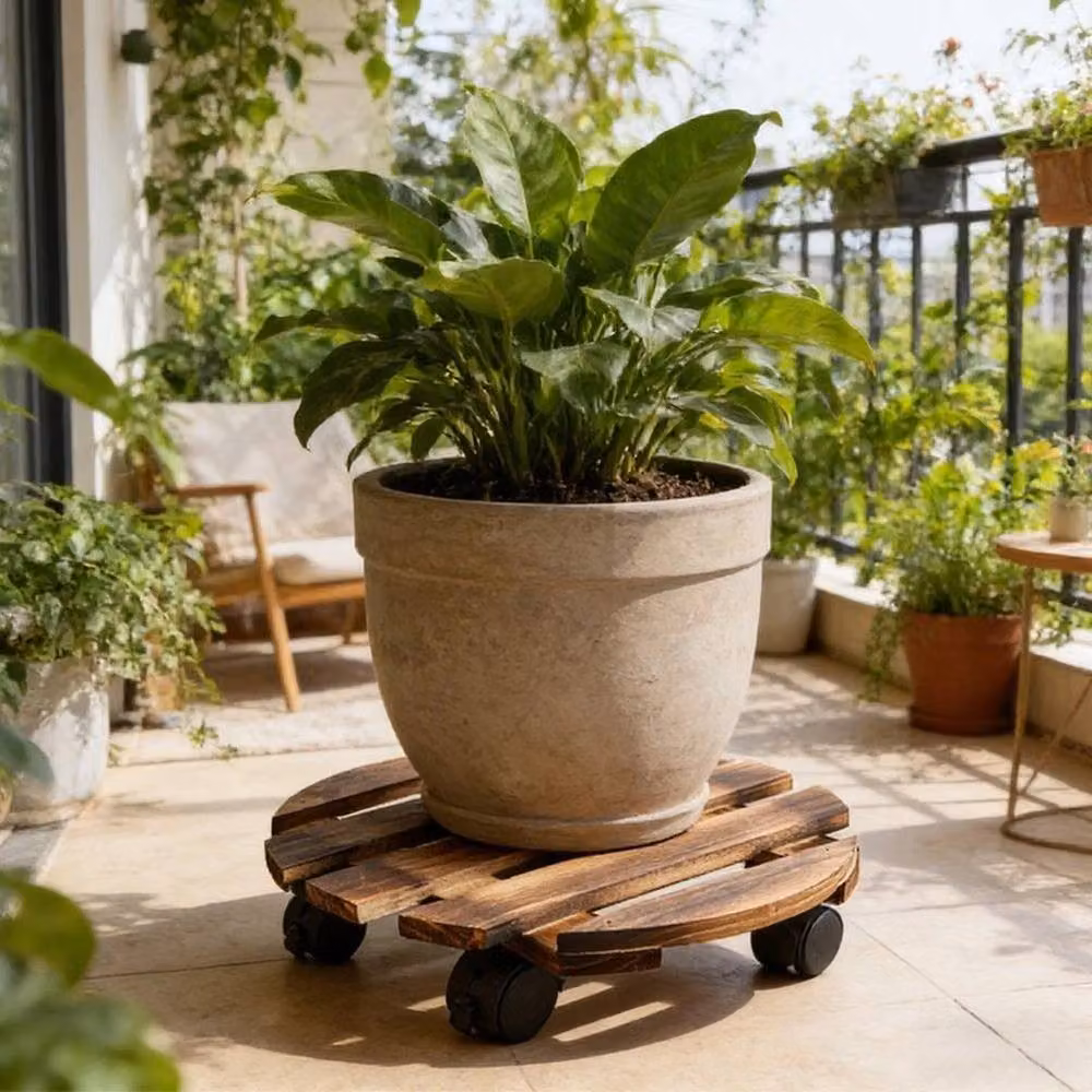 FLAVORA 2 Pack Wood and Steel Plant Caddy Stands in Brown, Diameter: 30.48 cm – 4