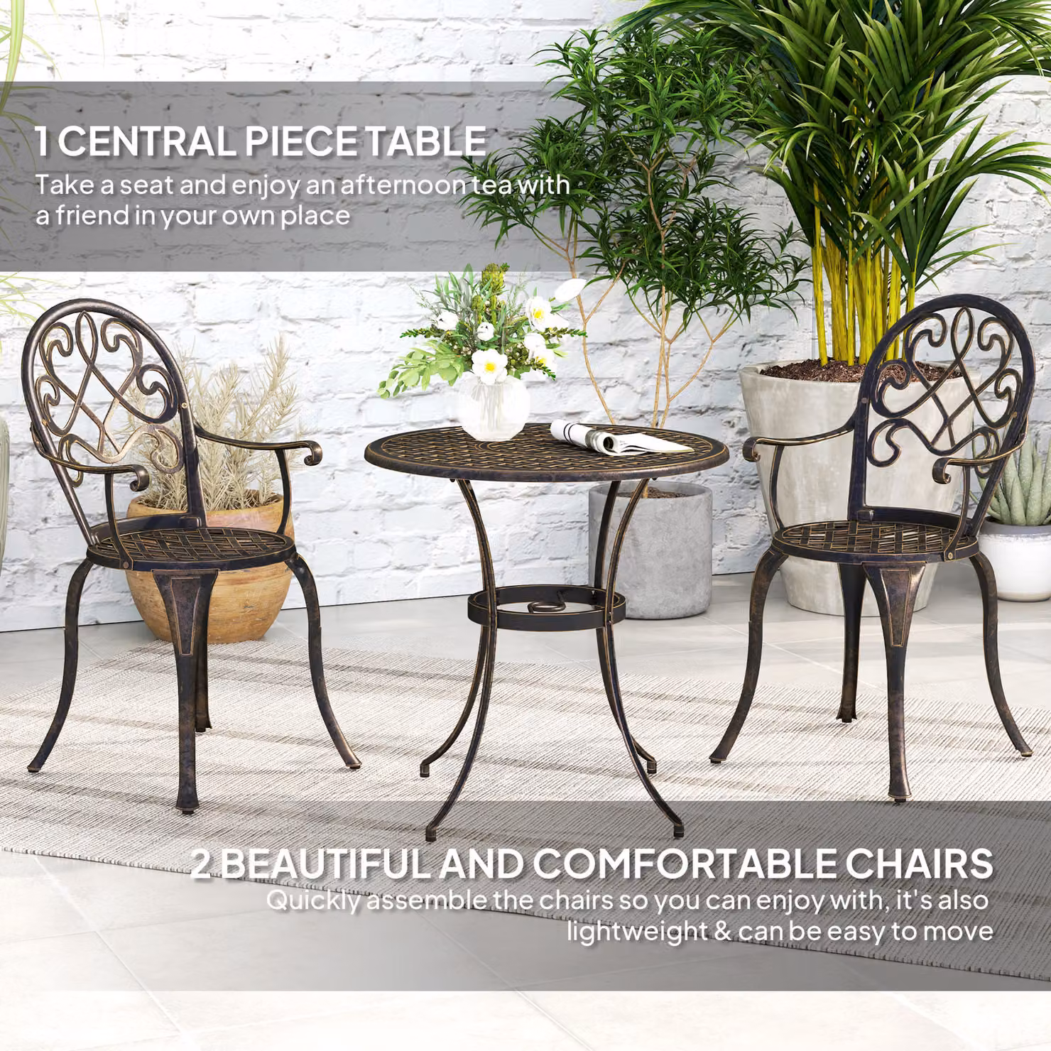 Outsunny 3 Piece Bronze Tone Powder Coated Aluminium Patio Bistro Set for 2 with Round Table and Chairs for Garden, Balcony or Terrace – 4