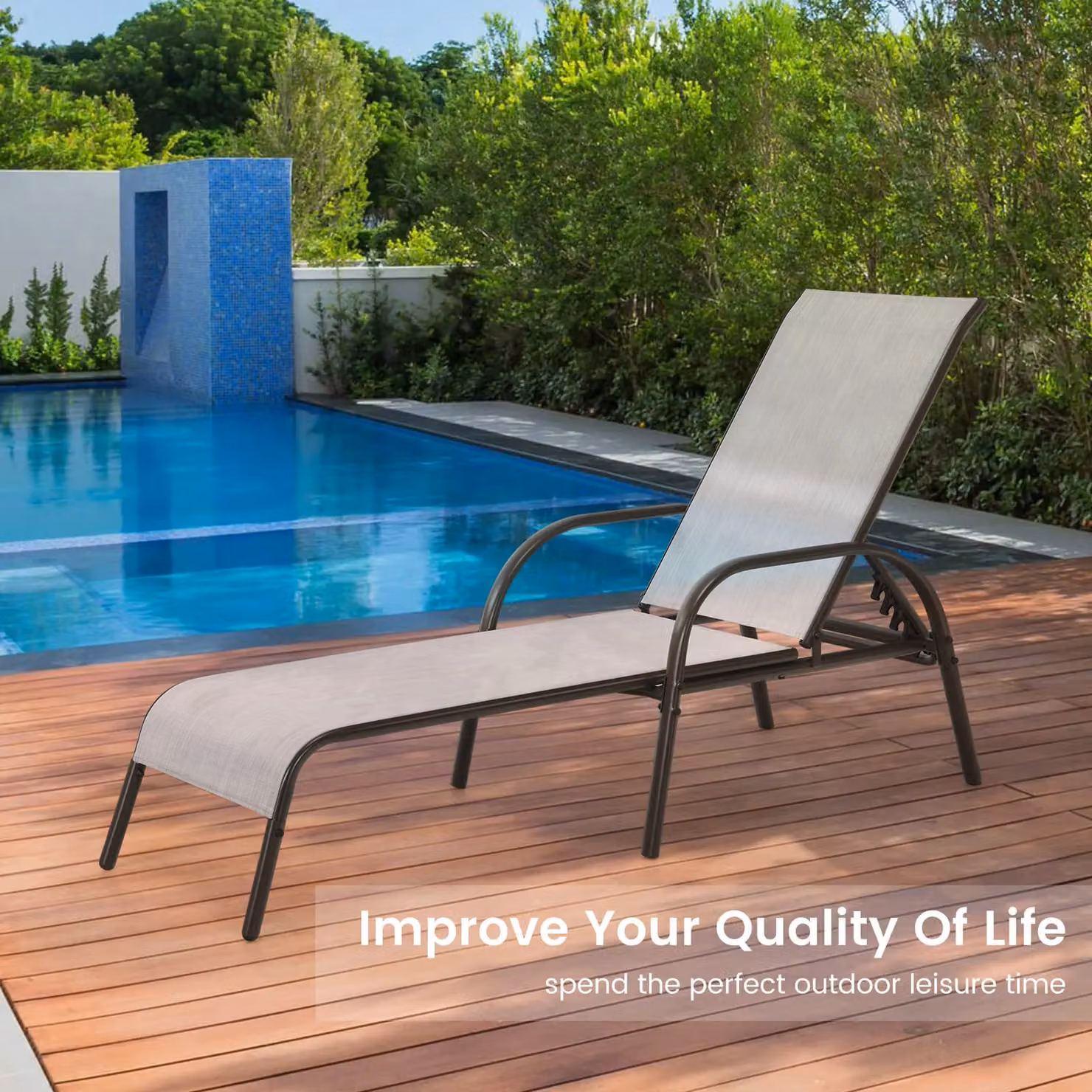 Gymax Grey Folding Chaise Lounge Chair with 5 Adjustable Positions and Textilene Fabric – 4