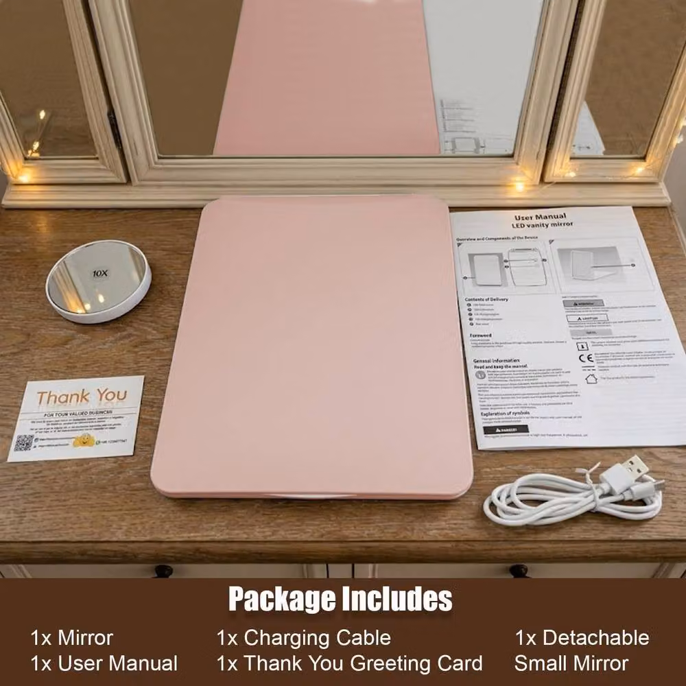 ATEK Rechargeable Portable Travel Makeup Mirror, Rotating Foldable Tabletop Cosmetic Mirror in Pink – 3