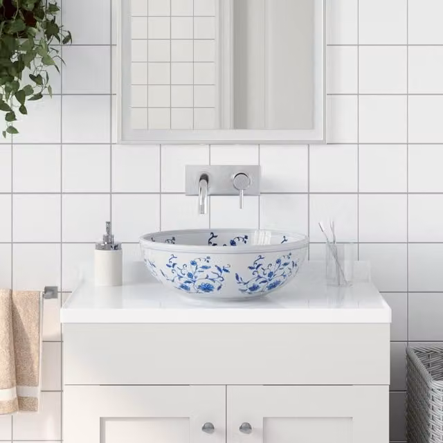 Berkfield Home Round Ceramic Countertop Basin in White and Blue, Diameter: 41 cm, Height: 14 cm