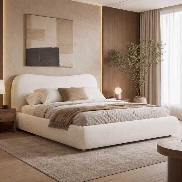 Rolipo Double Ottoman Storage Bed Frame in Warm White Boucle Fabric, W/D/H: 140 x 200 cm