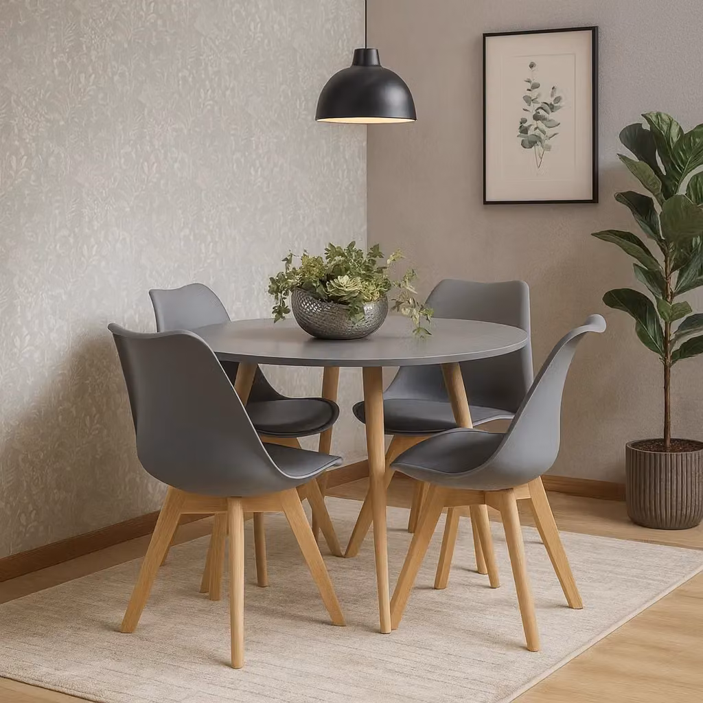 Kosy Koala Round Wooden Dining Table Set with 4 Grey Padded Chairs – 2