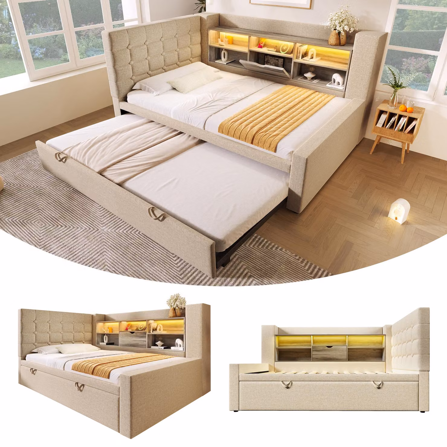 Aosom UK Beige Convertible Daybed Trundle with Integrated USB Charging and Storage, W/D/H: 204 x 107 x 88 cm – 5