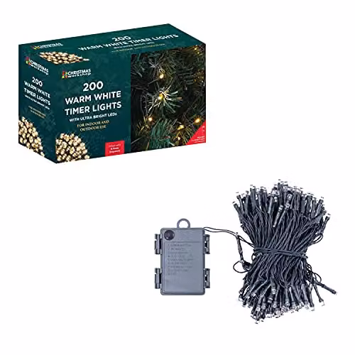 The Christmas Workshop 71150 Warm White LED Christmas Tree Lights, 200 LEDs, 19.9 Metres, Battery Operated, 8 Light Modes – 4