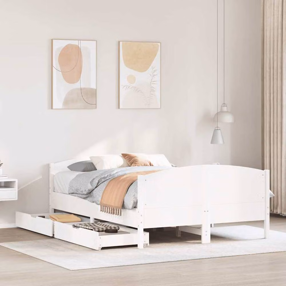 Berkfield Home White Solid Pine Wood Bed Frame with Drawers W/D/H: 140 x 200 cm