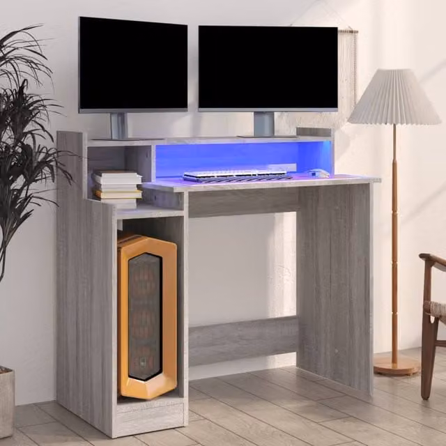Berkfield Home Computer Desk with LED Lights in Grey Sonoma, W/D/H: 97 x 45 x 90 cm