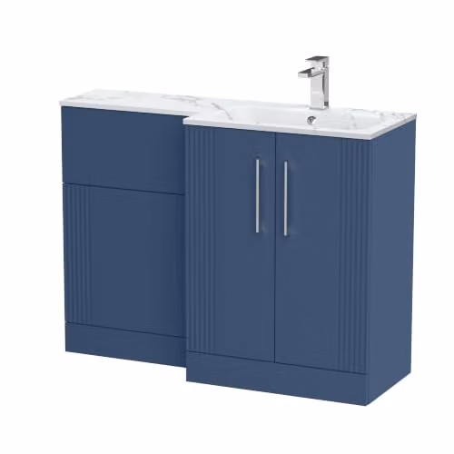 Balterley Belvide Retro Partially Fluted Floor Standing 2 Door Vanity Basin WC Combination Unit with Carrera Marble Stone Basin, Satin Blue, W: 110 cm, D: 45.8 cm, H: 85.8 cm – 4