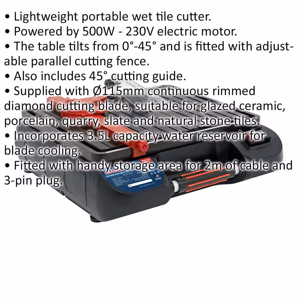 Loops 115mm Portable Tile Cutter with 3.5L Water Cooling, 500W, 230V, 0 to 45 Degree Mitre – 2