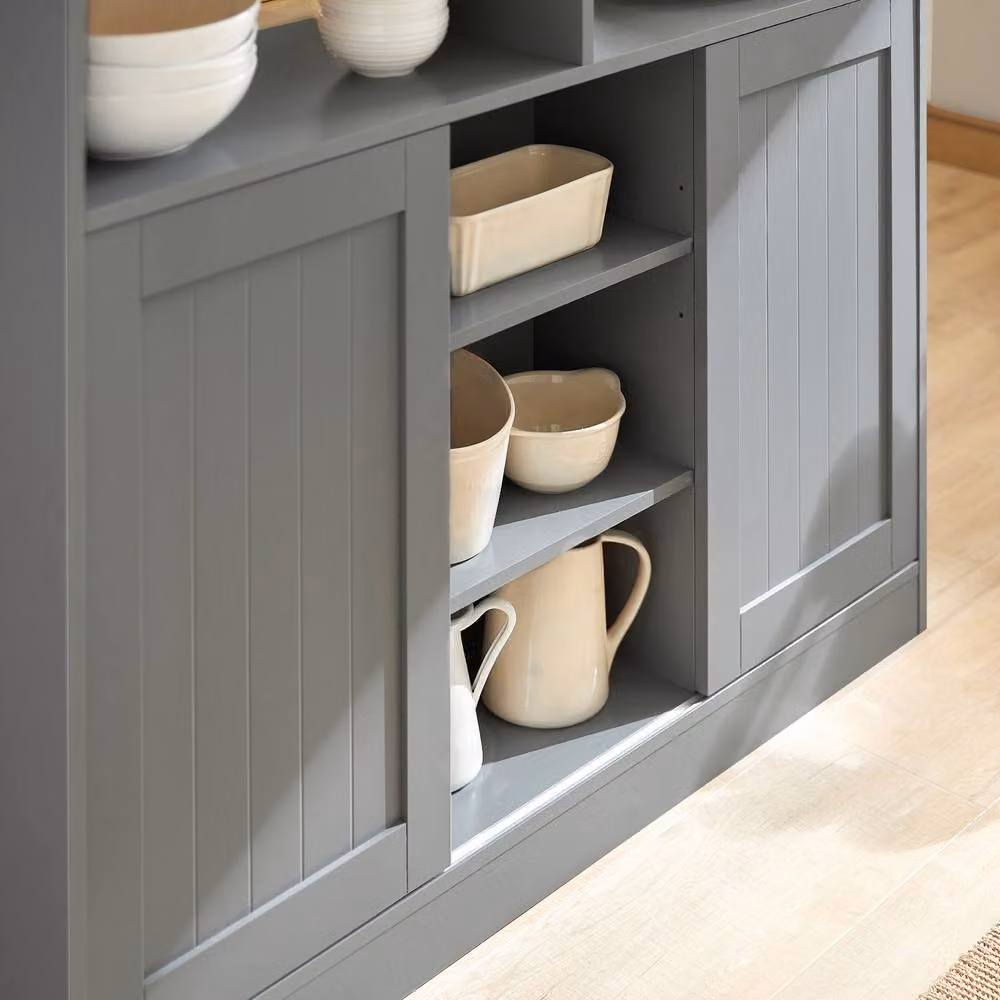 SoBuy Expandable Country House Style Kitchen Island with Sliding Doors in Grey Matt Wood Finish – 3