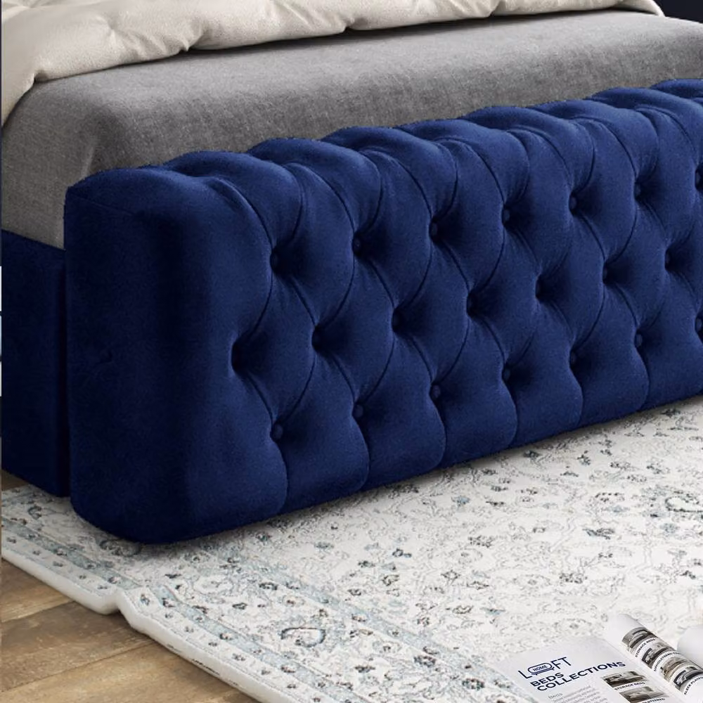 KDMD Wimborne Double Designer Bed Frame in Blue Soft Velvet with Mirror Details – 4