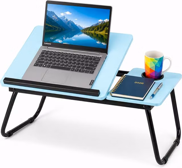Innoteck Foldable Laptop Desk with Adjustable Tilt and Cup Holder, Blue