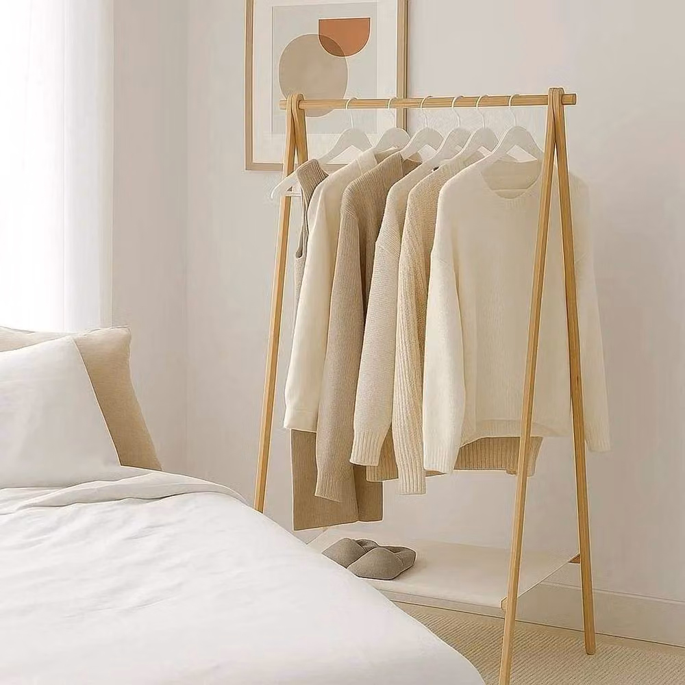Kelvenix Adult Bamboo Clothes Rail Rack with Shelf in Brown – 2