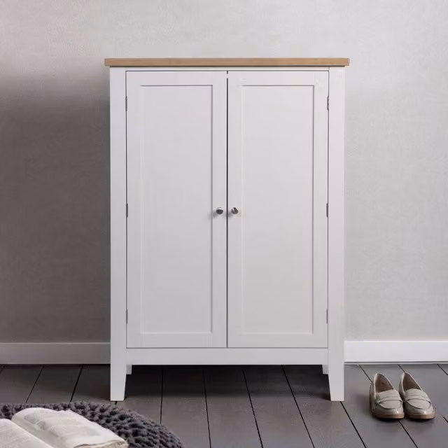 Nöa and Nani Leines Modern White Lacquered Pine Shoe Storage Cabinet with Hinged Doors and Internal Shelves