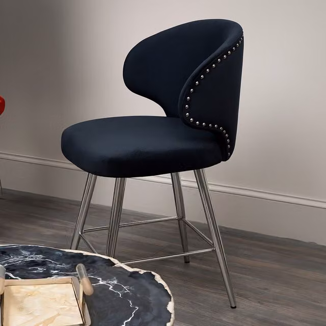 Orsina Black Velvet Bar Stool with Curved Back and Silver Metal Legs – 2