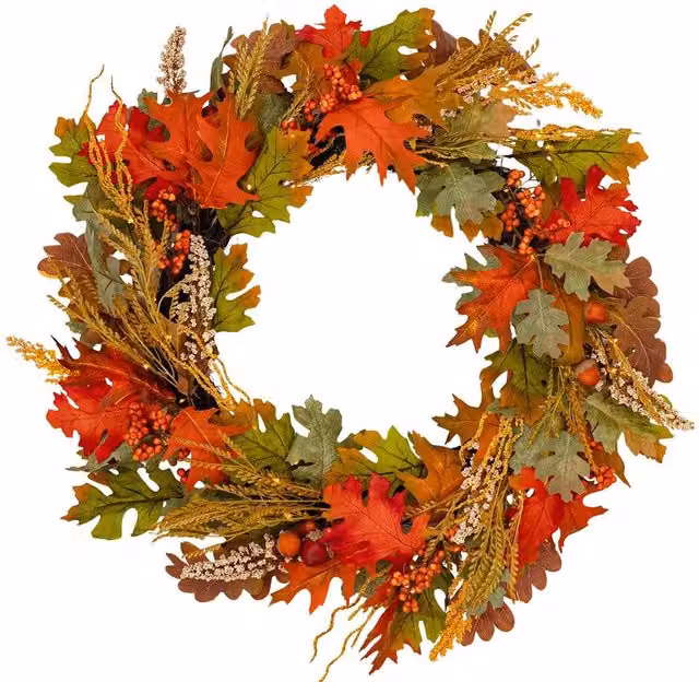 BOSK Autumn Forest Orange and Red Wreath with Warm White LED Microbulbs, Diameter: 66.04 cm