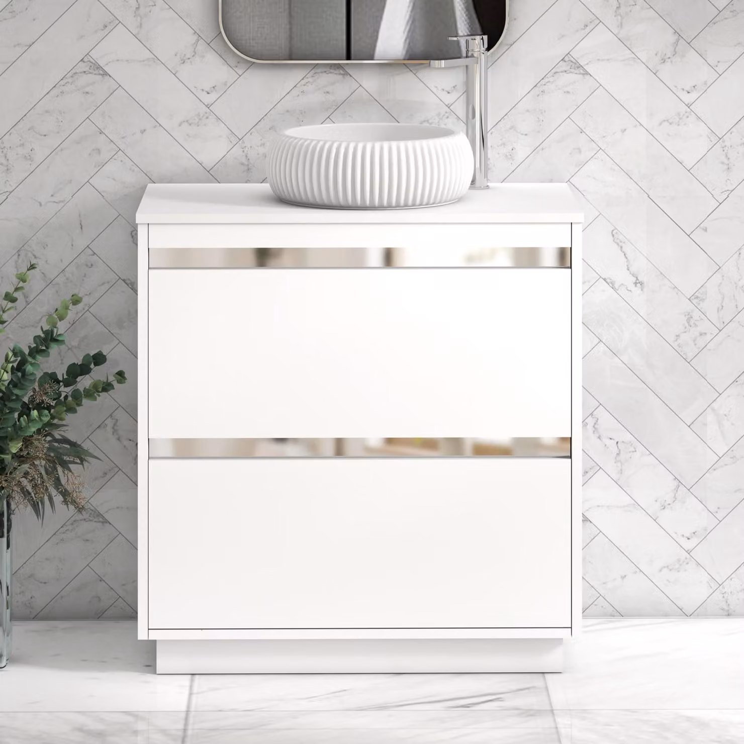Royal Bathrooms Orion 800mm Matt White Floor Standing 2 Drawer Vanity Unit with Milan Basin and Chrome Accent Trim