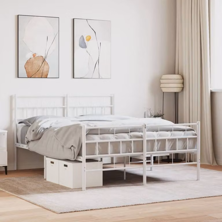 Berkfield Home Metal Bed Frame with Headboard and Footboard in White, W/D/H: 140 x 190 x 90 cm