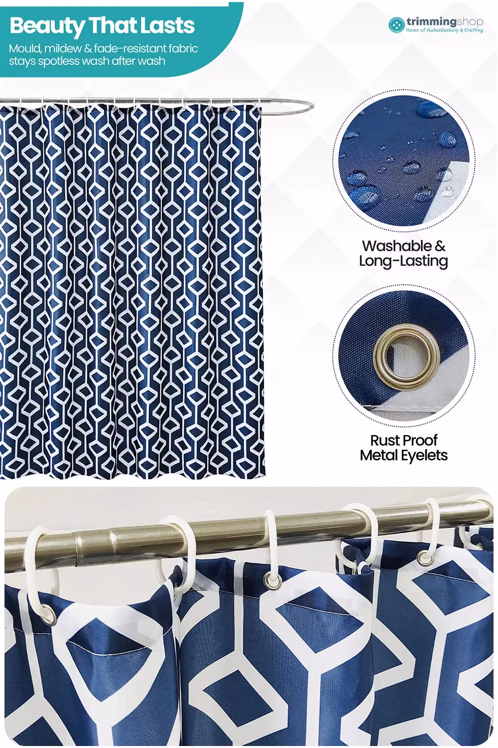 Neel Blue Abstract Geometric Shower Curtain, Navy Blue, W/D/H: 180 x 180 x 200 cm – 4