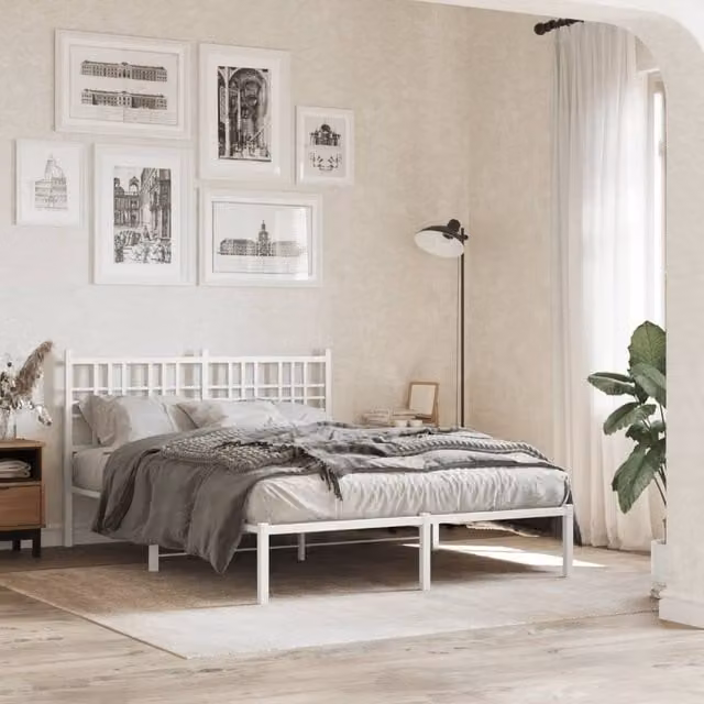 Berkfield Home Metal Bed Frame with Headboard in White, W/D/H: 140 x 200 cm