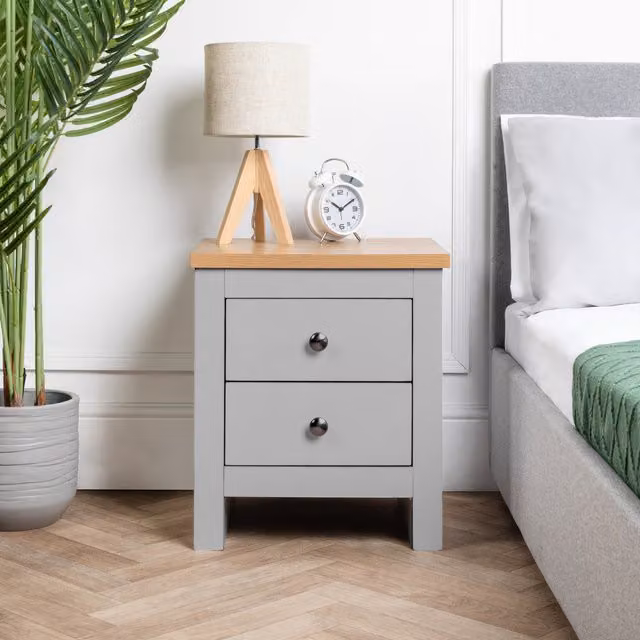 Home Treats Minimalist Grey Wooden 2 Drawer Bedside Table