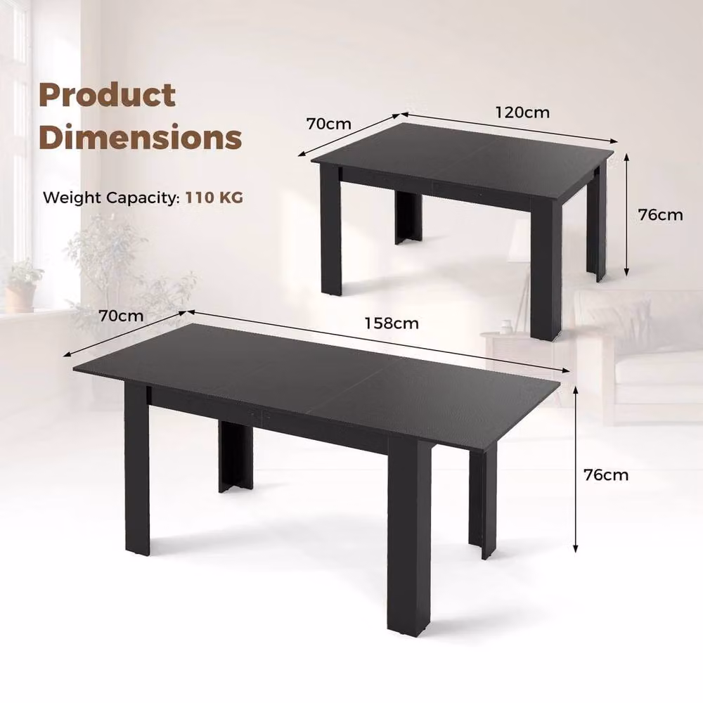 Kelvenix Modern Extendable Rectangular Dining Table in Black, W/D/H: 110 x 70 x 76 cm – 2