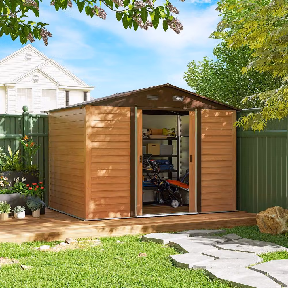 Rolipo Galvanised Steel Gable Shed in Brown Wood Effect, W: 274.3 cm, D: 182.9 cm, H: 215.0 cm – 4