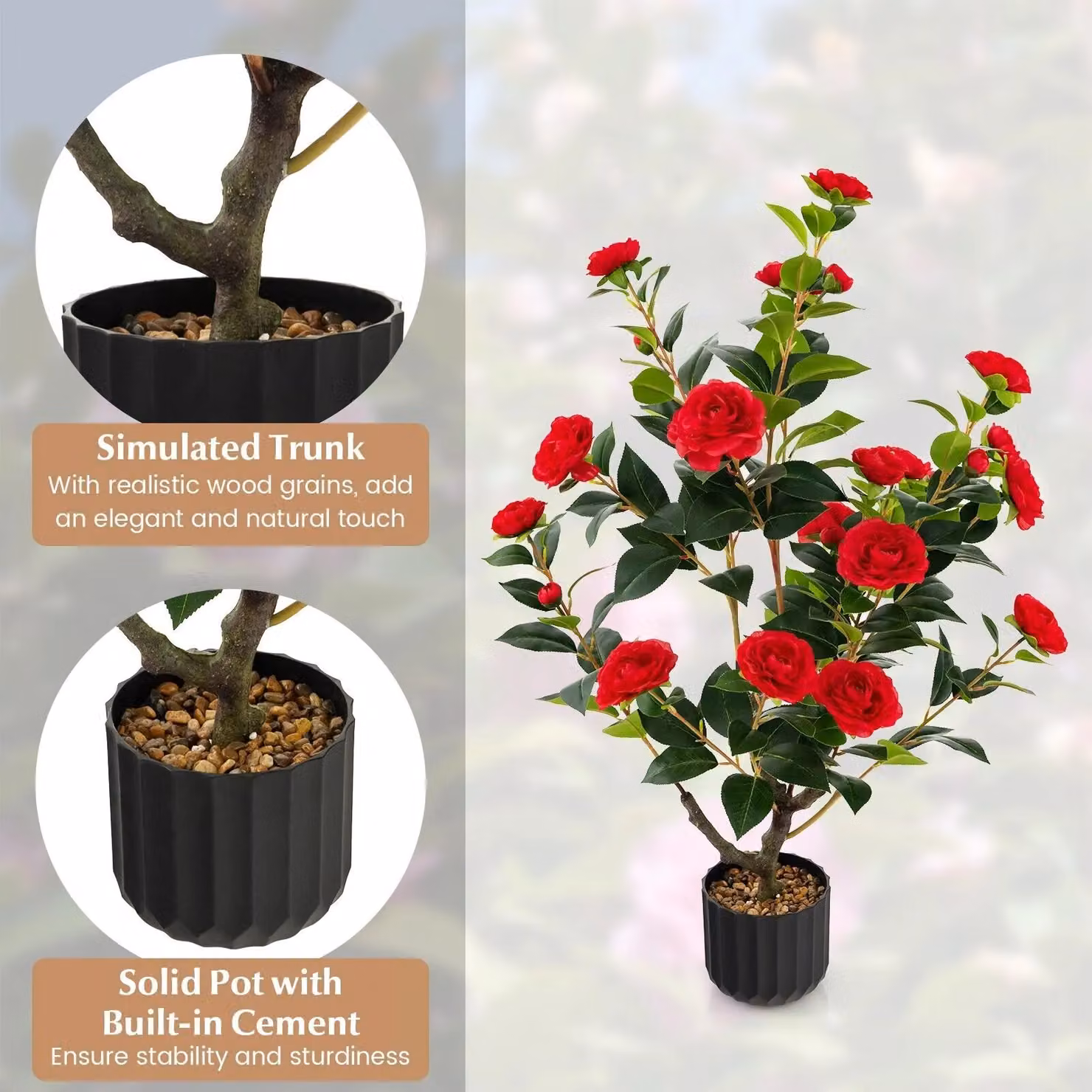 Costway Artificial Camellia Tree Faux Flower Plant in Red Cement Pot – 5