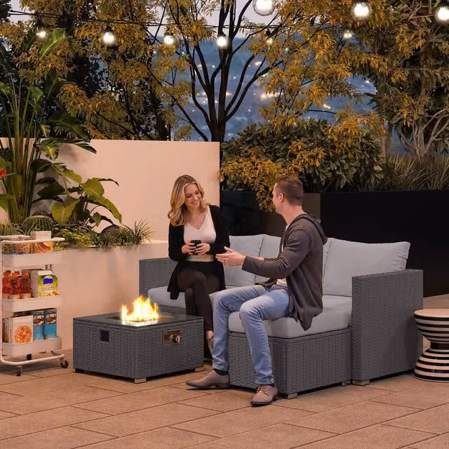 Outsunny Modern Grey Rattan Garden Furniture Set with Fire Pit Table