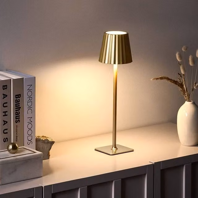Wyld and Coco Gold Wireless Table Lamp, Dimmable and Rechargeable Aluminium Metal Task Light for Indoor and Outdoor Use
