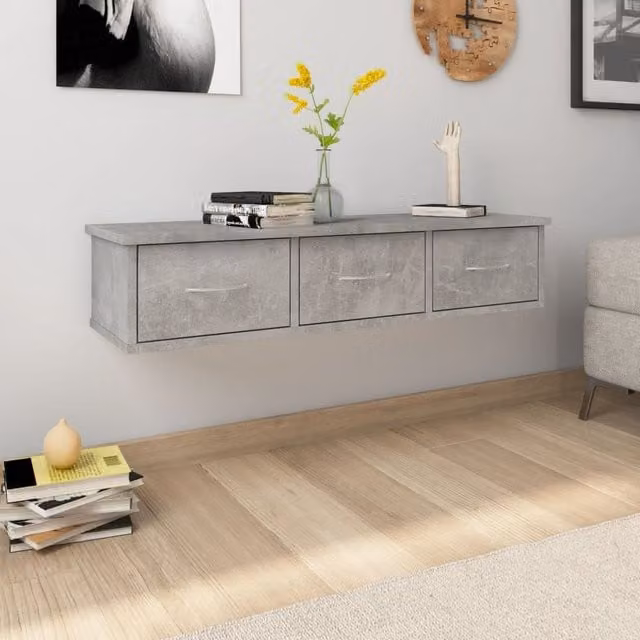 Berkfield Home Wall-mounted Drawer Shelf in Concrete Grey, W: 88 cm, D: 26 cm, H: 18.5 cm – 1