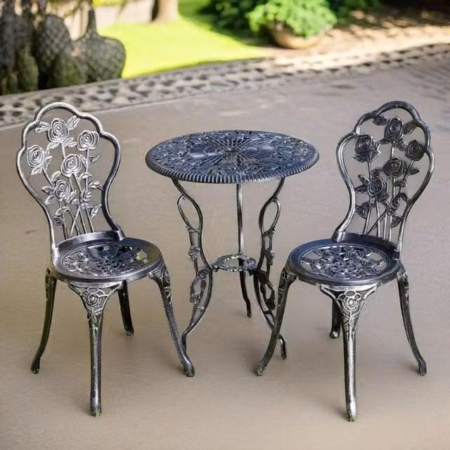 FURNOS Set of 3 Cast Iron Rose Floral Bistro Table and Chairs in Antique Grey