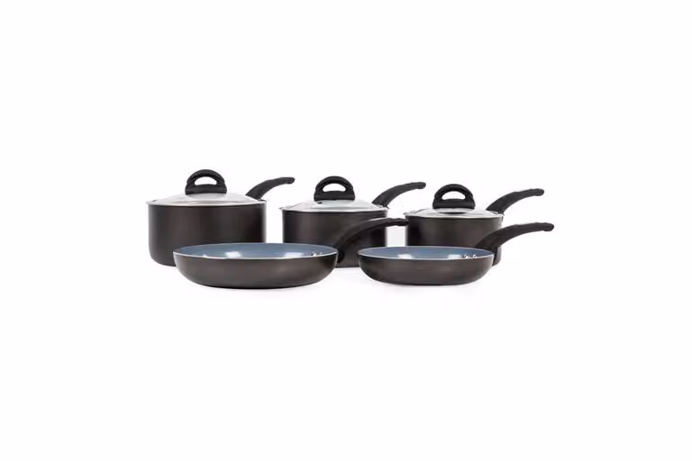 Tower Sonar and Cerasure Black Kitchen Set with Kettle, 2 Slice Toaster, Canisters and 5 Piece Aluminium and Ceramic Pan Set