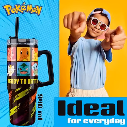 Pokemon Insulated Travel Mug with Straw and Handle, Black and Multicolour, 940ml – 3