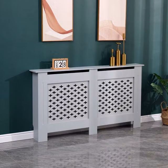 WestWood Grey MDF Wooden Wall Shelf Radiator Cover with Geometric Cross Design