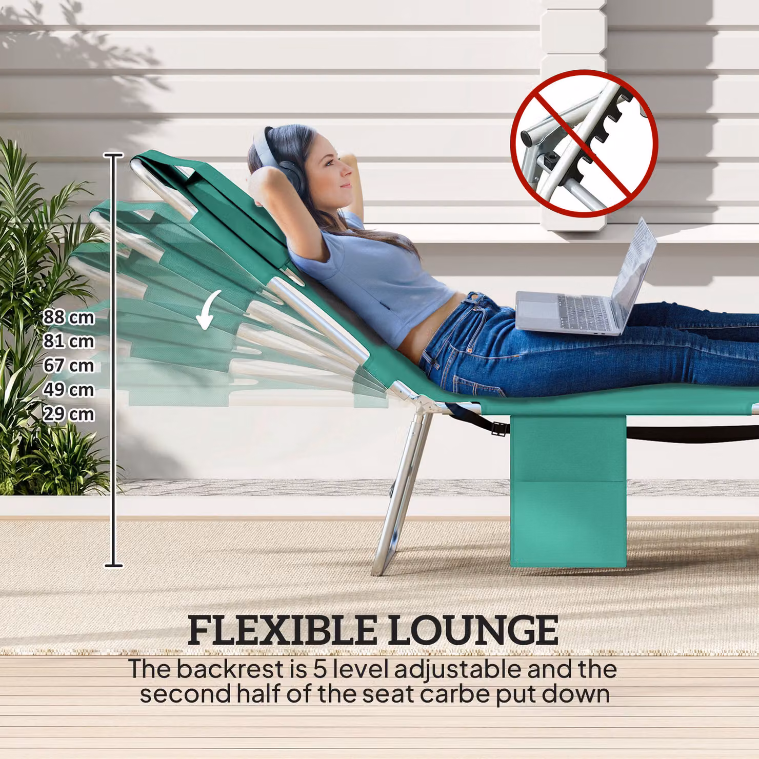 Outsunny Set of 2 Adjustable 5-Position Sun Loungers in Green with Textilene Fabric and Powder Coated Steel Frame – 4