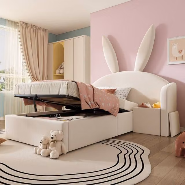 Matteo Girl's Bunny Ears Kids Bed with Upholstered Storage and Nightstand, Beige, W/D/H: 90 x 190 cm